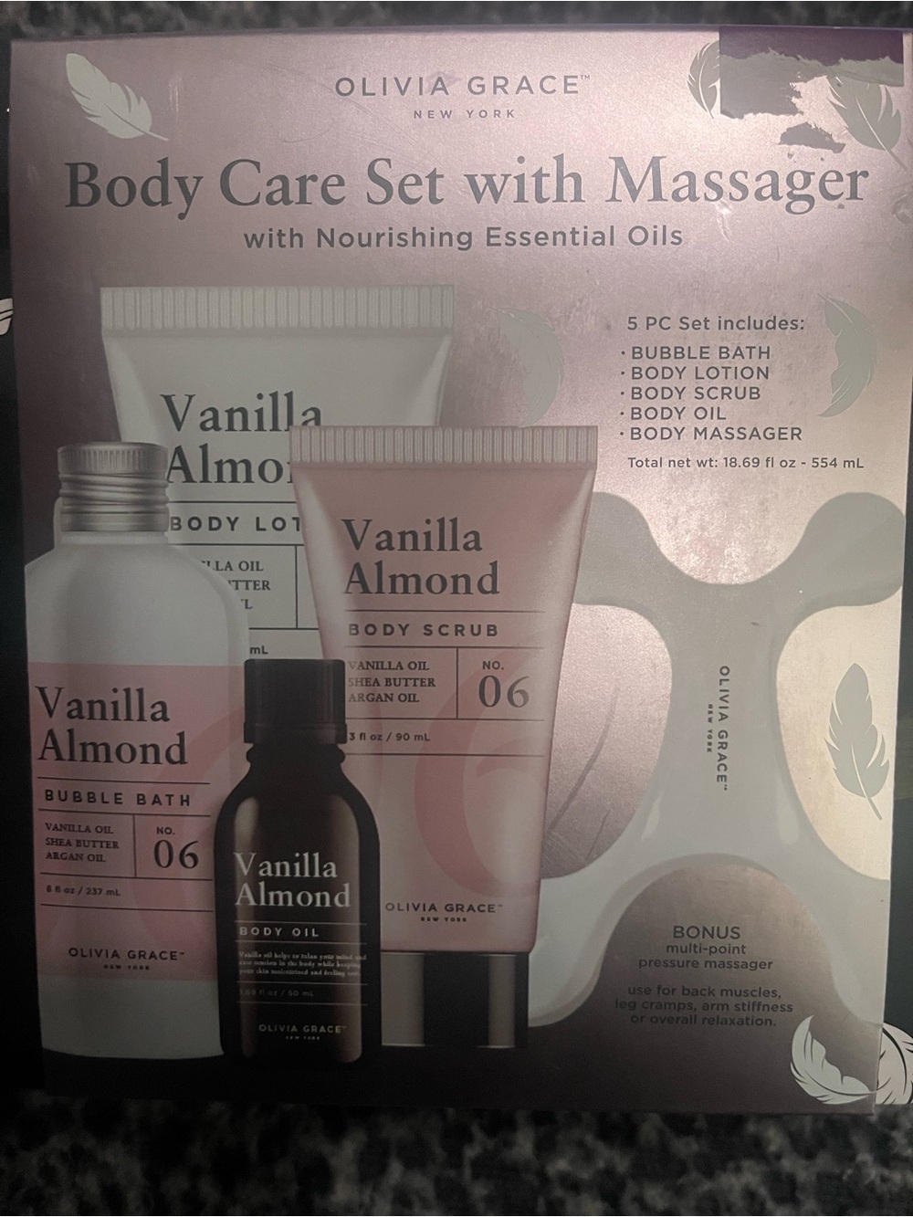 Olivia Grace Vanilla Almond Body Care Set with Massager – Pink and Black Box - Picture 2 of 5